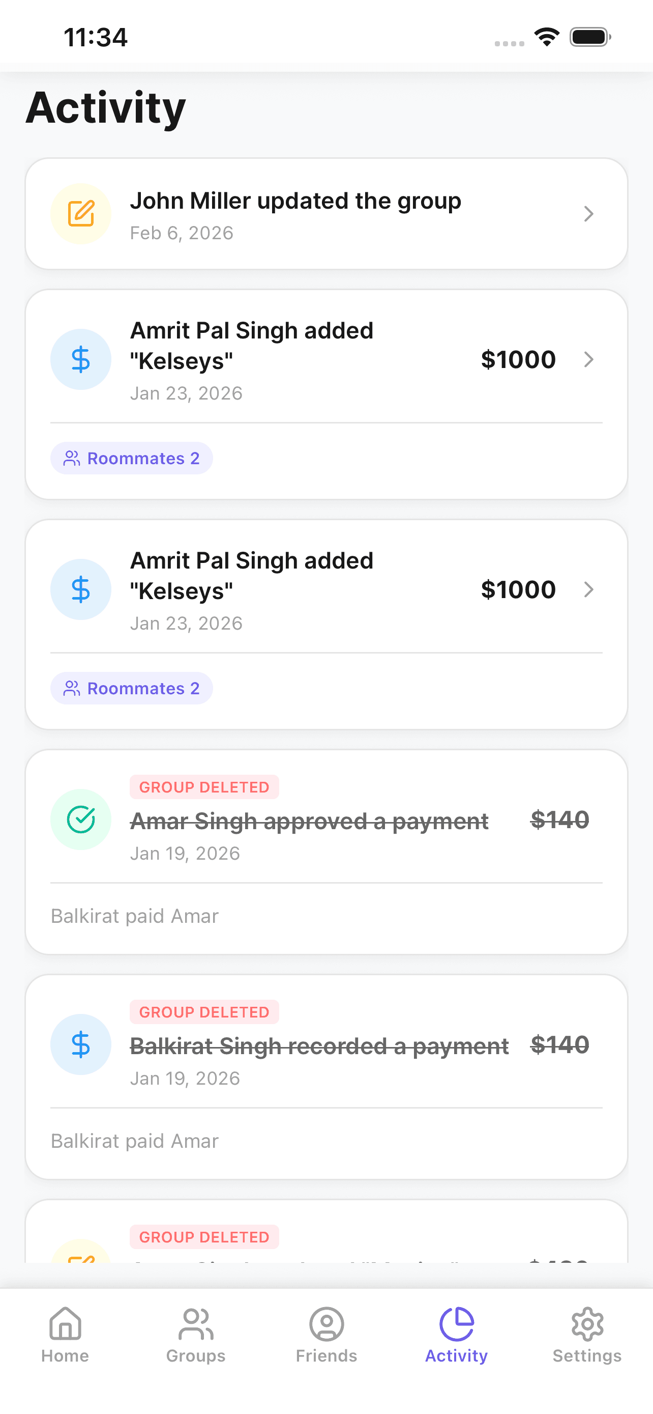 EvenX activity feed showing shared expense history and balance updates