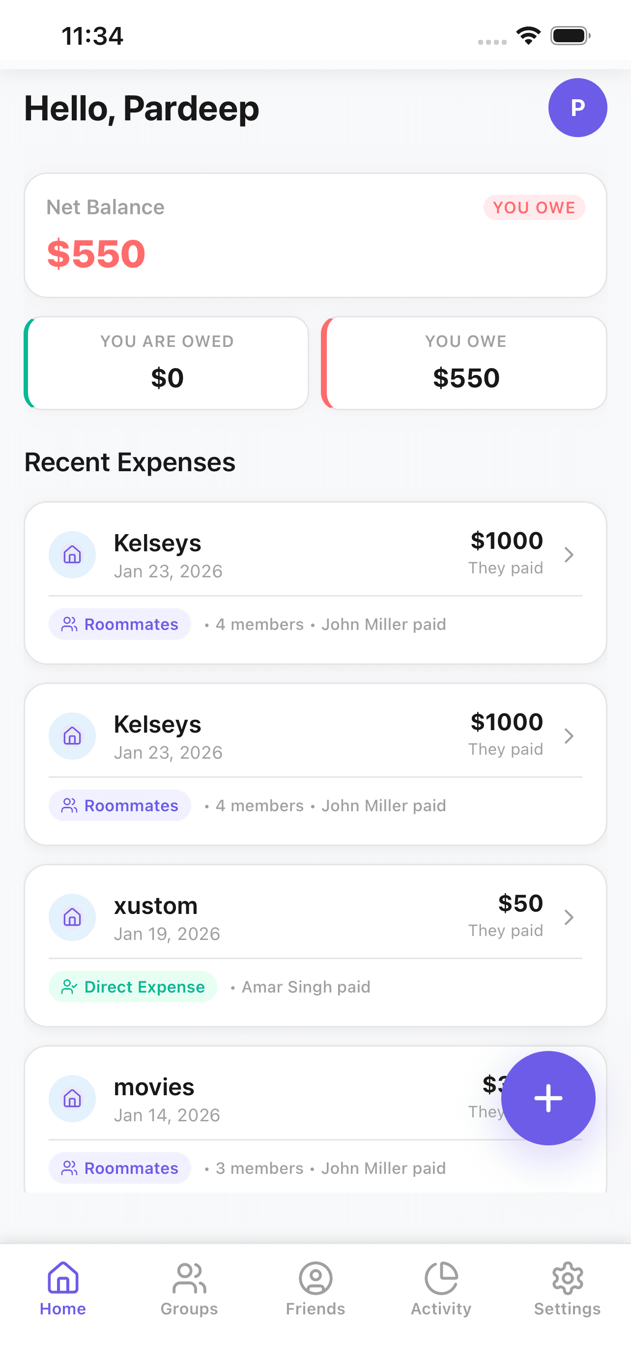 EvenX dashboard for splitting bills and tracking balances